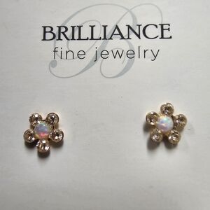Brilliance Fine Jelwery Girls 14KT Yellow Gold CZ Opal And Flower Studd Earrings
